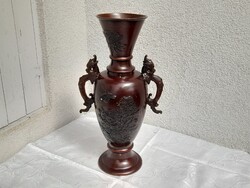 1,-Ft Gyönyörű hatalmas antik tömör bronz váza domborművel díszítve