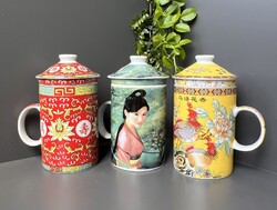 Tradicionális kínai porcelán bögrék szűrővel, tetővel ( piros sárga zöld ) 3db