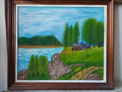 Hajdú Imre naív festő "Tó a hegyekben" olajfestménye