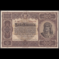 Magyarország 100 Korona 1920 fekete / barna számok VF+
