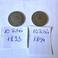 10 Fillér 1893 + 1894 Ferenc József 1848-1916 magyar királyi váltópénz, régi pénz érme