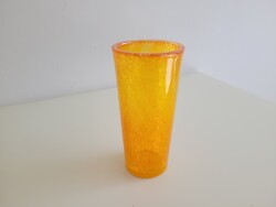 Retro Karcagi repesztett sárga fátyolüveg mid century üveg váza