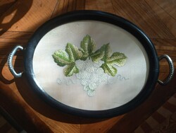 Ovális, fakeretes üvegtálca