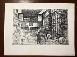 Varga Nándor Lajos - Műszál gyártása I. ( szocreál rézkarc ) .