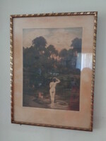 Paulovits Pál (1892-1975):  akt  Színezett rézkarc,  jelzett:  a pataknál  Paulovits ,