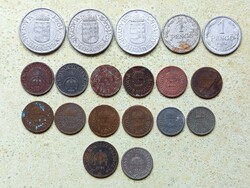 Magyarország 19 db Különböző Érme 2 10 20 Fillér 1 2 Pengő 1894-1944