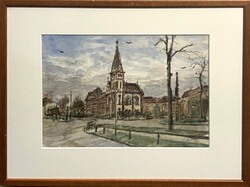Kovács Ernő (1940- ) A Fasori templom, 2017 - művészi akvarell munka keretezve