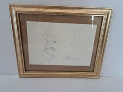 Jelzett eredeti Szász Endre (1926-2003) saját kezű kézimunka toll rajz: Férfi portré