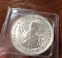 1990-es ausztrál 1 unciás ezüst Kookaburra érme. 