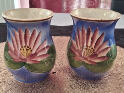 Antique Városlőd Majolica Mug Pair with Lotus Flower Héviz Memorial Mug