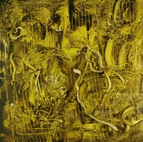 Baján Ildikó festmény 50 x 50 cm. Aranykalitka.