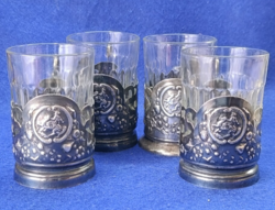 4 db. ezüstözött szovjet dombornyomott  teáspohár tartók üvegbetéttel  1960