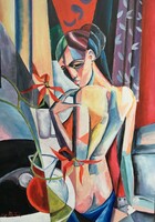 Virágok között c. Kubista olajfestmény [Papp Tünde]