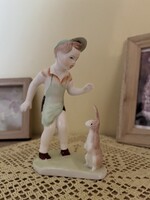 Aquincum porcelán fiú nyuszival figura.