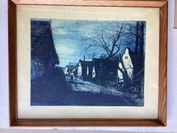 Élesdi István ( 1912 - 1987 ) - Falusi utca című színezett rézkarca , üvegezett kertben .