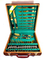 KELETI RÉZ EVŐESZKÖZ KÉSZLET MASSZÍV FA DOBOZBAN !