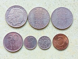 Svédország 7 db Különböző Érme 5 10 50 Öre 1 Korona 1969-1990