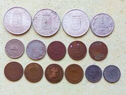 Magyarország 15 db Különböző Érme 2 10 Fillér 1 2 Pengő 1894-1944