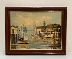 'Halászbárkák a kikötőben' - tengerparti látkép keretezve
