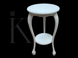 Antik stílusú faragott, fa posztamens kis két szintes kör alakú asztalka