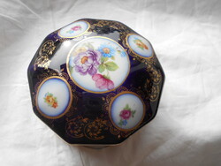 Élénk kobaltkék  alapszín,virág-  fond  minta  porcelán doboz