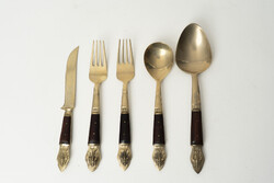 Vintage Réz és Rózsafa Salátás Evőeszköz / Étkészlet / Villa Kés Kanál / Retró Fa Régi Elafánt Minta