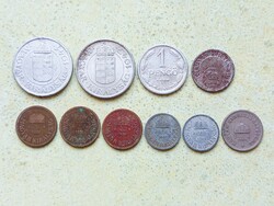 Magyarország 10 db Különböző Érme 2 10 Fillér 1 2 Pengő 1894-1944