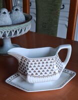 Antik Adams angol porcelán szószós mártásos tál, kiöntő fix alátéttel, relief díszítéssel, ritka
