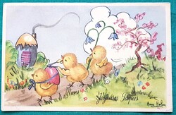 Antik Húsvéti Üdvözlő képeslap -  "Kiscsirkék ünnepelnek" - postatiszta