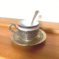 Antik ezüst porcelánbetétes mokkás, kávéscsésze.