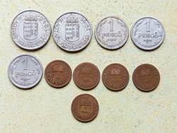Magyarország 10 db Különböző Érme 2 Fillér 1 2 Pengő 1926-1944