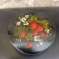 Vintage kézzel festett, szamócás fémdoboz