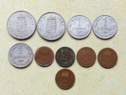 Magyarország 10 db Különböző Érme 2 Fillér 1 2 Pengő 1926-1944