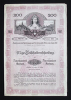 Bécs város 4,5%-os kötvénye 200 korona 1907 /AUT/
