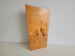 Retro 38,5 cm Balatoni emlék mid century fa intarzia fali kép szuvenír gém nádas daru fali dísz