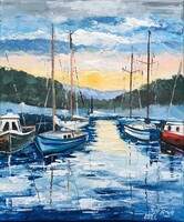 Naplemente a kikötőben c. Kortárs olajfestmény [Papp Tünde]