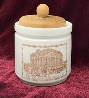 Aquincum jelzett Hotel Astoria emléktárgy porcelán tégely doboz fa kupakkal (8.5cm) RZ