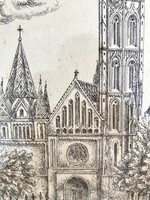 Varga Mátyás rézkarc Mátyás templom, Úri utca, 1987