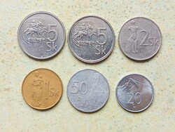 Szlovákia 6 db Különböző Érme 20 50 Haller Halierov 1 2 5 Korona 1993-1994