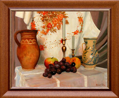 Keleti Péter: Gyümölcsös csendélet - kerettel 52x62 cm - alkotás: 40x50cm - száma: 2408/1024