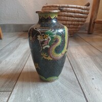 Sárkány-motívumos régi réz zománcozott cloisonne váza (16,5x9 cm)