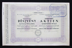 Magyar Általános Gyufaipari részvény 100x100 pengő 1940