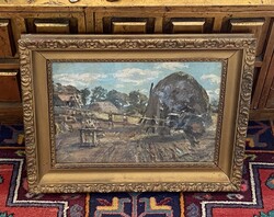 DURAY TIBOR (1912-1988) SZÉNAKAZAL, MEZŐGAZDASÁGI JELENET, JELZETT FESTMÉNY EREDETI FA KERETBEN, ÜVE
