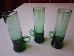 Retro gravírozott zöld üvegből készült füles pálinkás/likörös pohár készlet (3db)