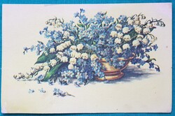 Virágos üdvözlő képeslap, gyöngyvirág, nefelejcs - rajz: Stremnitzer Konrádné, 1967