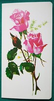 Kinyitható virágos üdvözlő képeslap, rózsa - rajz: Sándor Margit, 1974