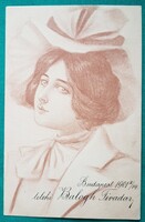 Antik grafikus, üdvözlő képeslap, Hölgy kalapban, 1901-ben írodott, Vangel Paula urhölgynek címezve