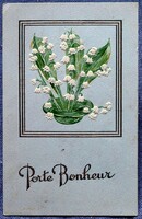 Antik érdekes technikával színezett dombornyomott üdvözlő képeslap  - gyöngyvirág