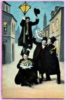 Antik humoros montázs képeslap  - italos vidám cilinderes férfiak virágcsokorral ,  éjszaka