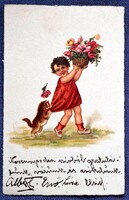 Antik  litho üdvözlő képeslap    -  kislány ,virác, cica